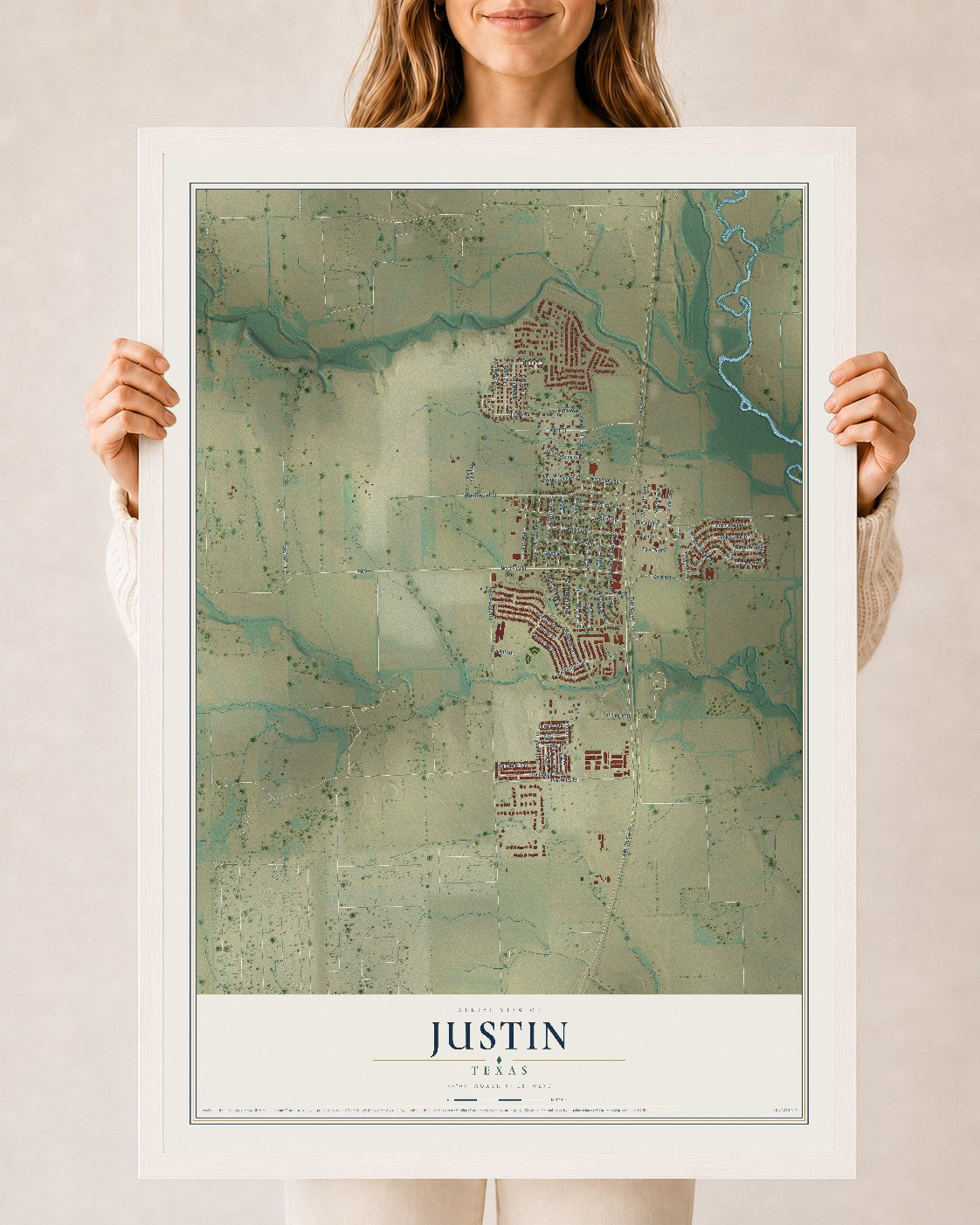 Map of Justin, Texas, 24 x 36 inch print in a white wood frame