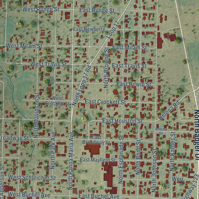 Close-up of the map of Karnes City, Texas print showing street and building detail