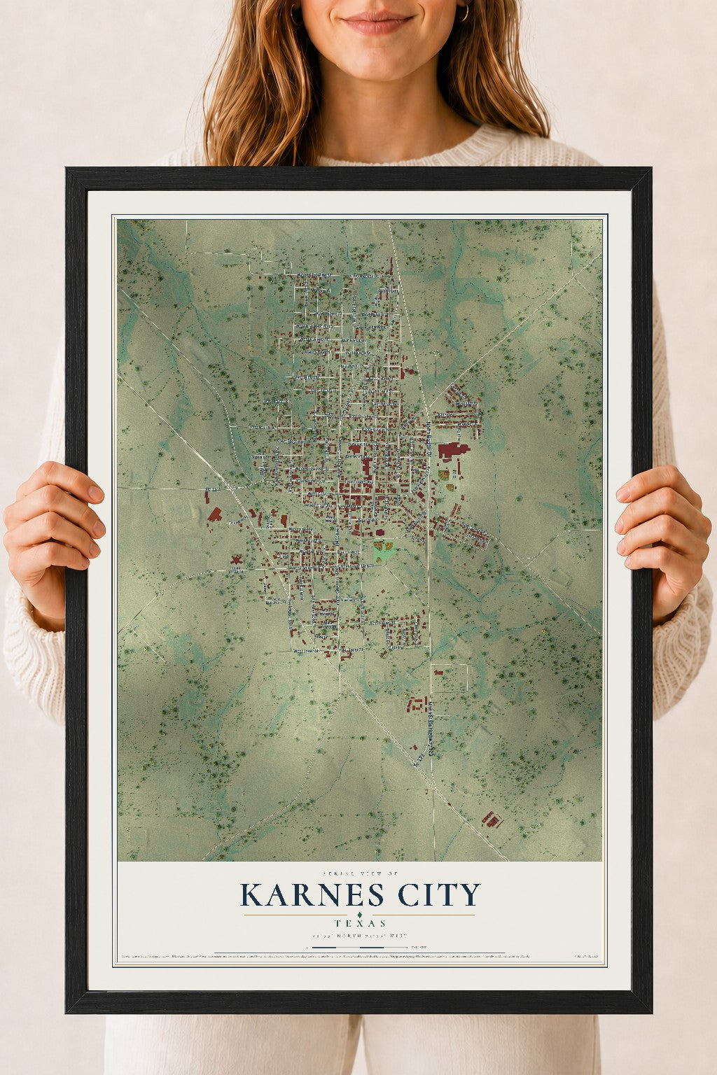 Map of Karnes City, Texas, 18 x 24 inch print in a black wood frame