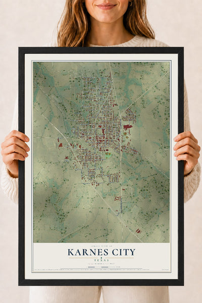 Map of Karnes City, Texas, 18 x 24 inch print in a black wood frame