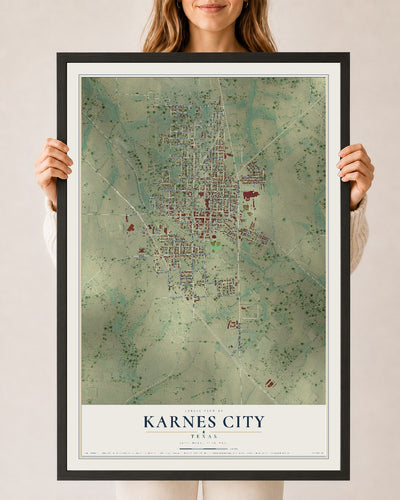 Map of Karnes City, Texas, 24 x 36 inch print in a black wood frame