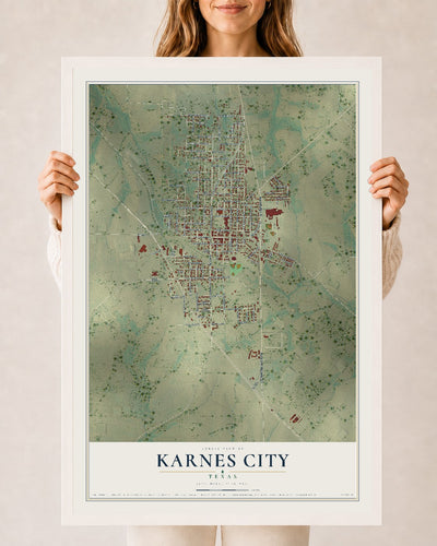Map of Karnes City, Texas, 24 x 36 inch print in a white wood frame