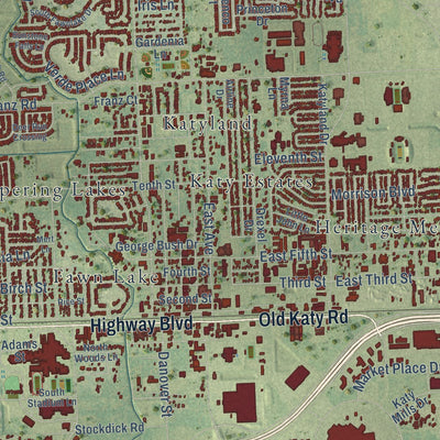 Close-up of the map of Katy, Texas print showing street and building detail