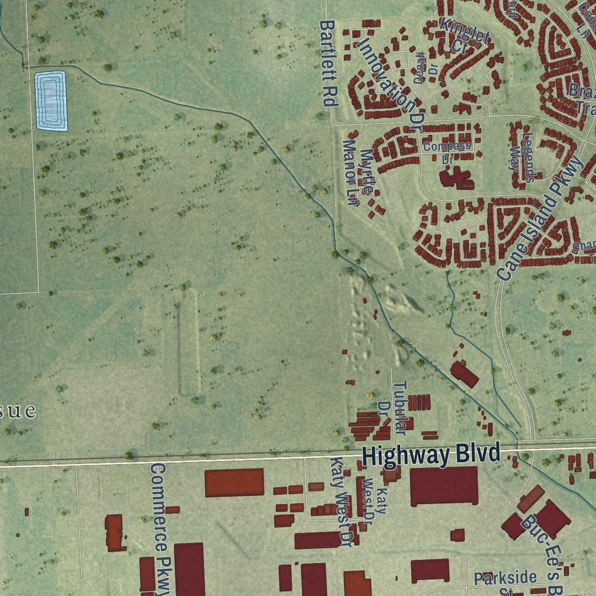 Second close-up of the map of Katy, Texas print showing more streets and buildings