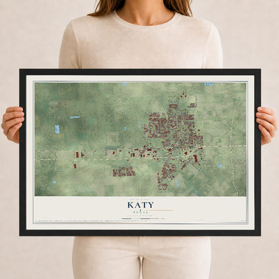 Map of Katy, Texas, 12 x 18 inch print in a black wood frame