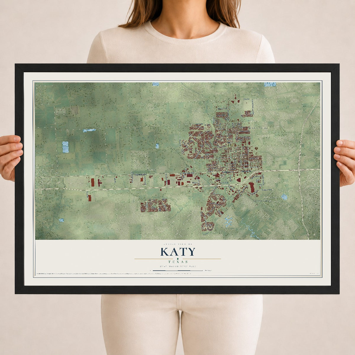 Map of Katy, Texas, 18 x 24 inch print in a black wood frame