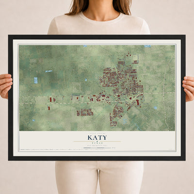 Map of Katy, Texas, 18 x 24 inch print in a black wood frame