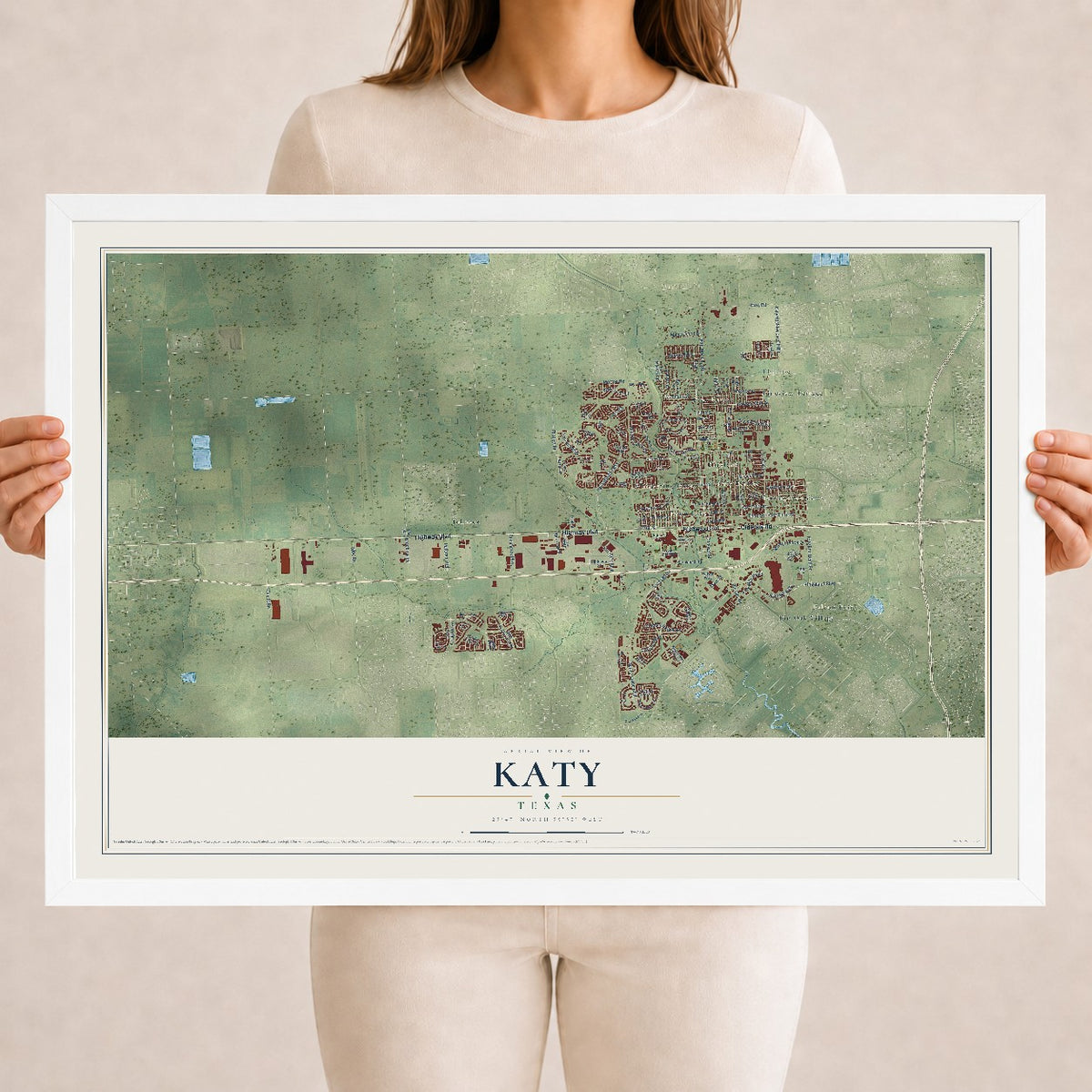 Map of Katy, Texas, 18 x 24 inch print in a white wood frame
