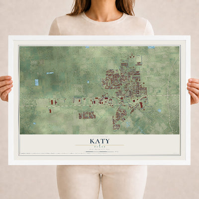 Map of Katy, Texas, 18 x 24 inch print in a white wood frame