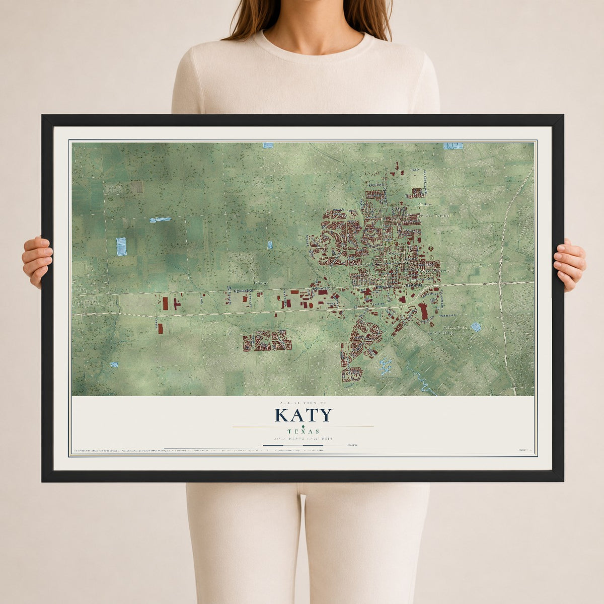 Map of Katy, Texas, 24 x 36 inch print in a black wood frame