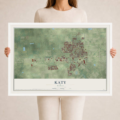 Map of Katy, Texas, 24 x 36 inch print in a white wood frame