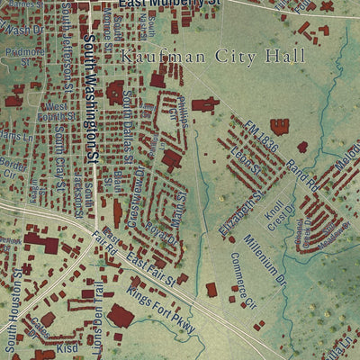 Close-up of the map of Kaufman, Texas print showing street and building detail