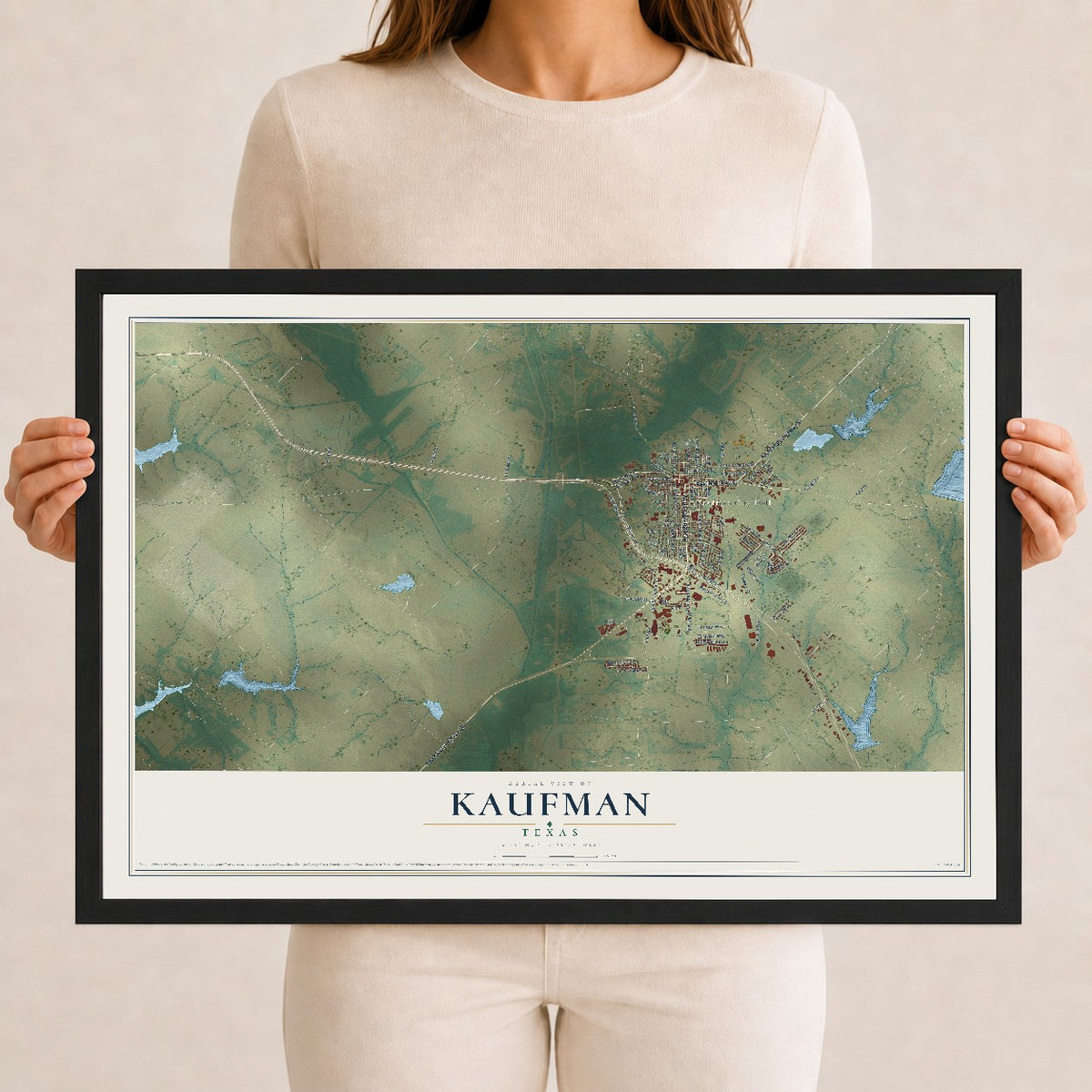 Map of Kaufman, Texas, 12 x 18 inch print in a black wood frame