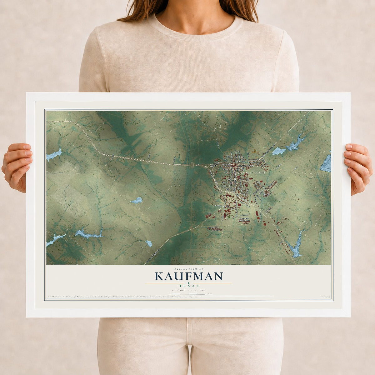 Map of Kaufman, Texas, 12 x 18 inch print in a white wood frame