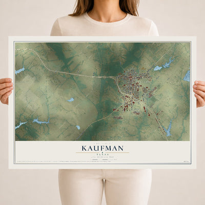 Map of Kaufman, Texas, 18 x 24 inch unframed archival matte print
