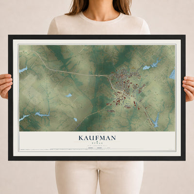 Map of Kaufman, Texas, 18 x 24 inch print in a black wood frame