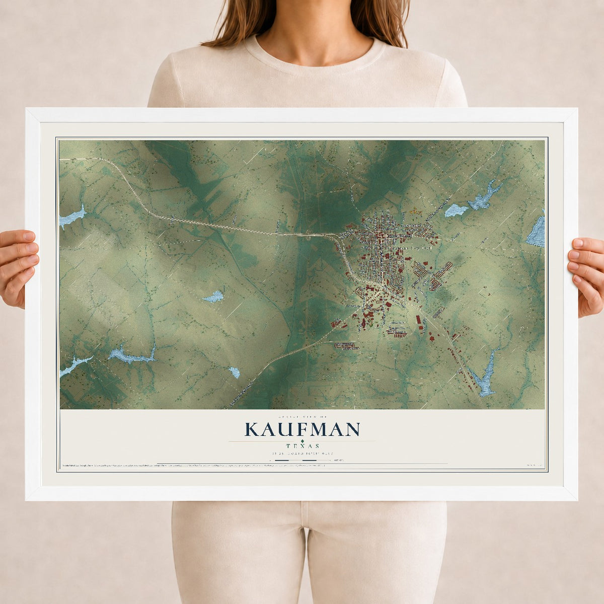 Map of Kaufman, Texas, 18 x 24 inch print in a white wood frame