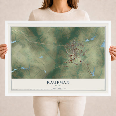 Map of Kaufman, Texas, 18 x 24 inch print in a white wood frame