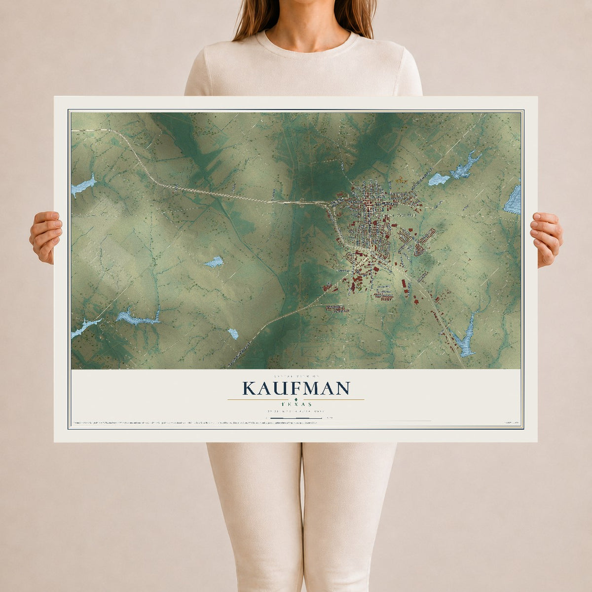 Map of Kaufman, Texas, 24 x 36 inch unframed archival matte print