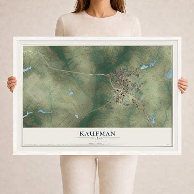 Map of Kaufman, Texas, 24 x 36 inch print in a white wood frame