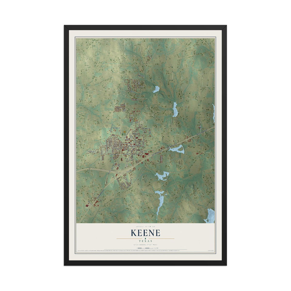 Map of Keene, Texas, 12 x 18 inch print in a black wood frame
