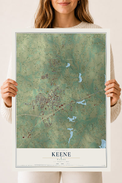 Map of Keene, Texas, 18 x 24 inch unframed archival matte print
