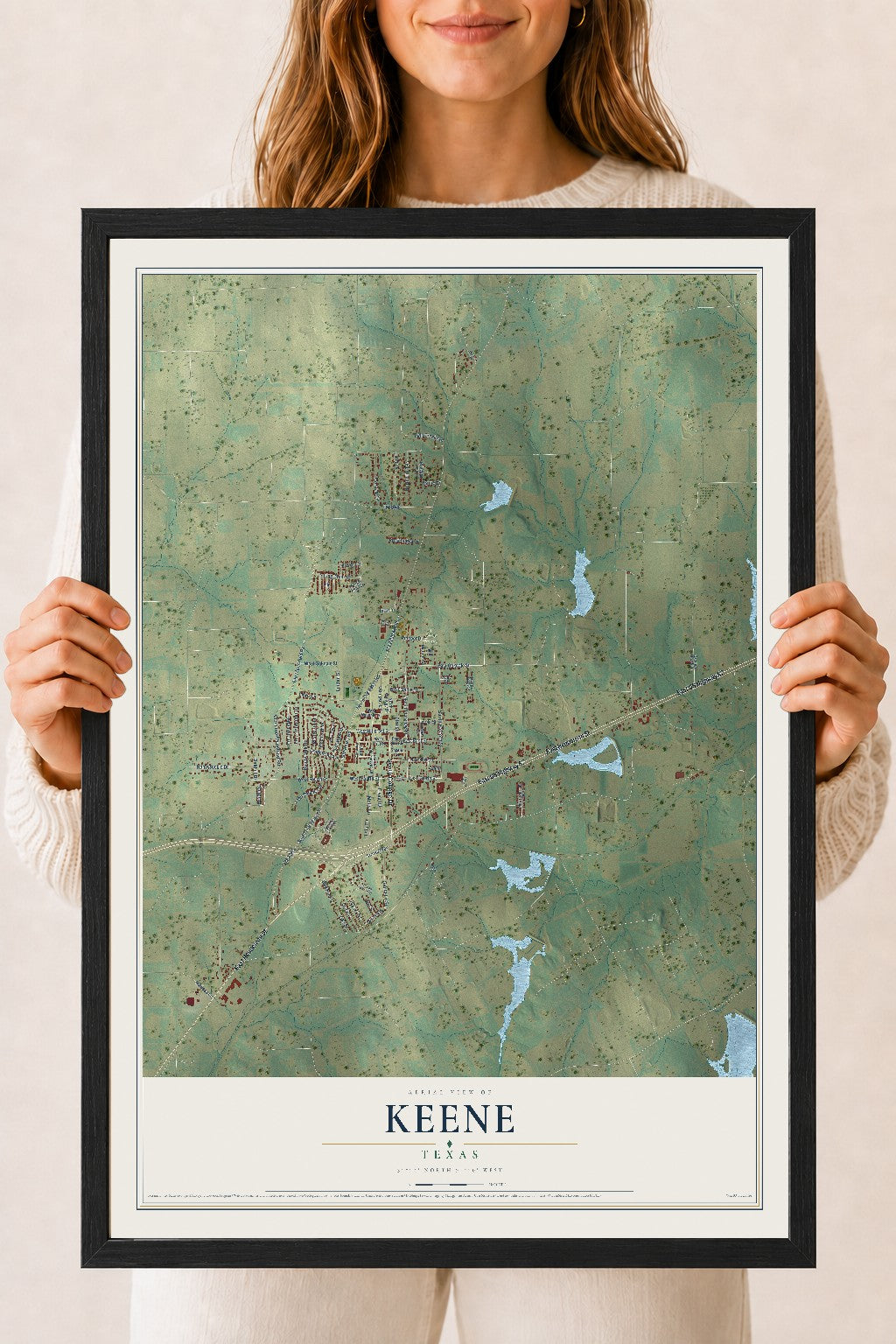 Map of Keene, Texas, 18 x 24 inch print in a black wood frame
