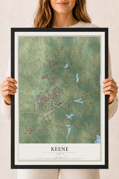 Map of Keene, Texas, 18 x 24 inch print in a black wood frame