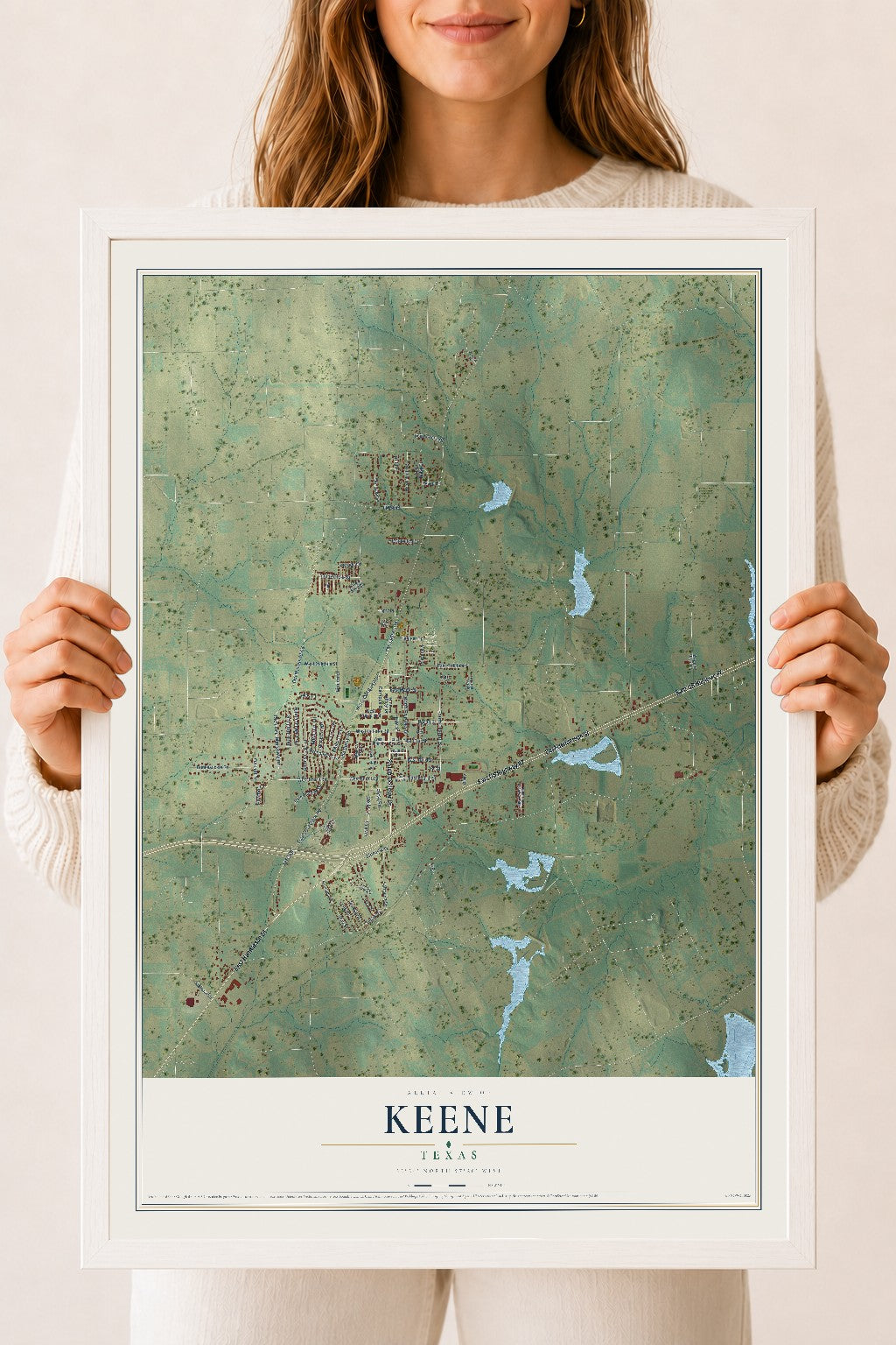 Map of Keene, Texas, 18 x 24 inch print in a white wood frame