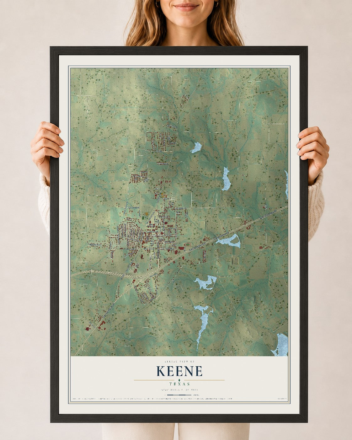 Map of Keene, Texas, 24 x 36 inch print in a black wood frame