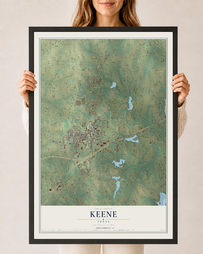 Map of Keene, Texas, 24 x 36 inch print in a black wood frame