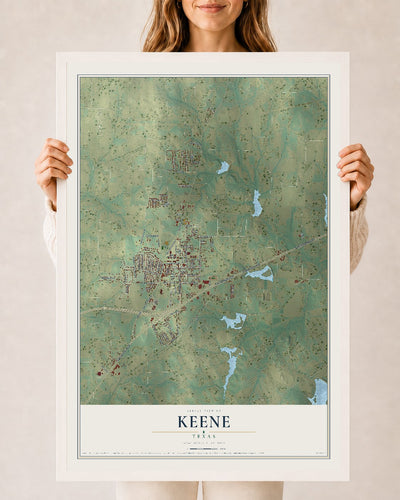 Map of Keene, Texas, 24 x 36 inch print in a white wood frame