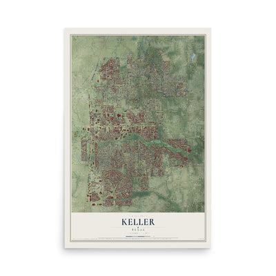 Map of Keller, Texas, 12 x 18 inch unframed archival matte print