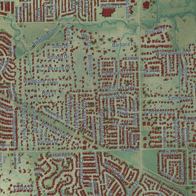 Close-up of the map of Keller, Texas print showing street and building detail