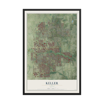 Map of Keller, Texas, 12 x 18 inch print in a black wood frame