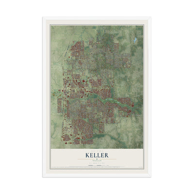 Map of Keller, Texas, 12 x 18 inch print in a white wood frame