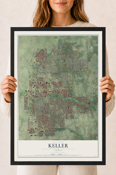 Map of Keller, Texas, 18 x 24 inch print in a black wood frame