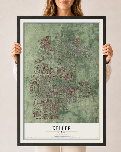 Map of Keller, Texas, 24 x 36 inch print in a black wood frame