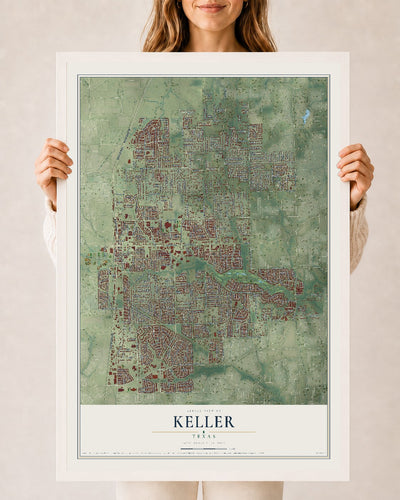 Map of Keller, Texas, 24 x 36 inch print in a white wood frame