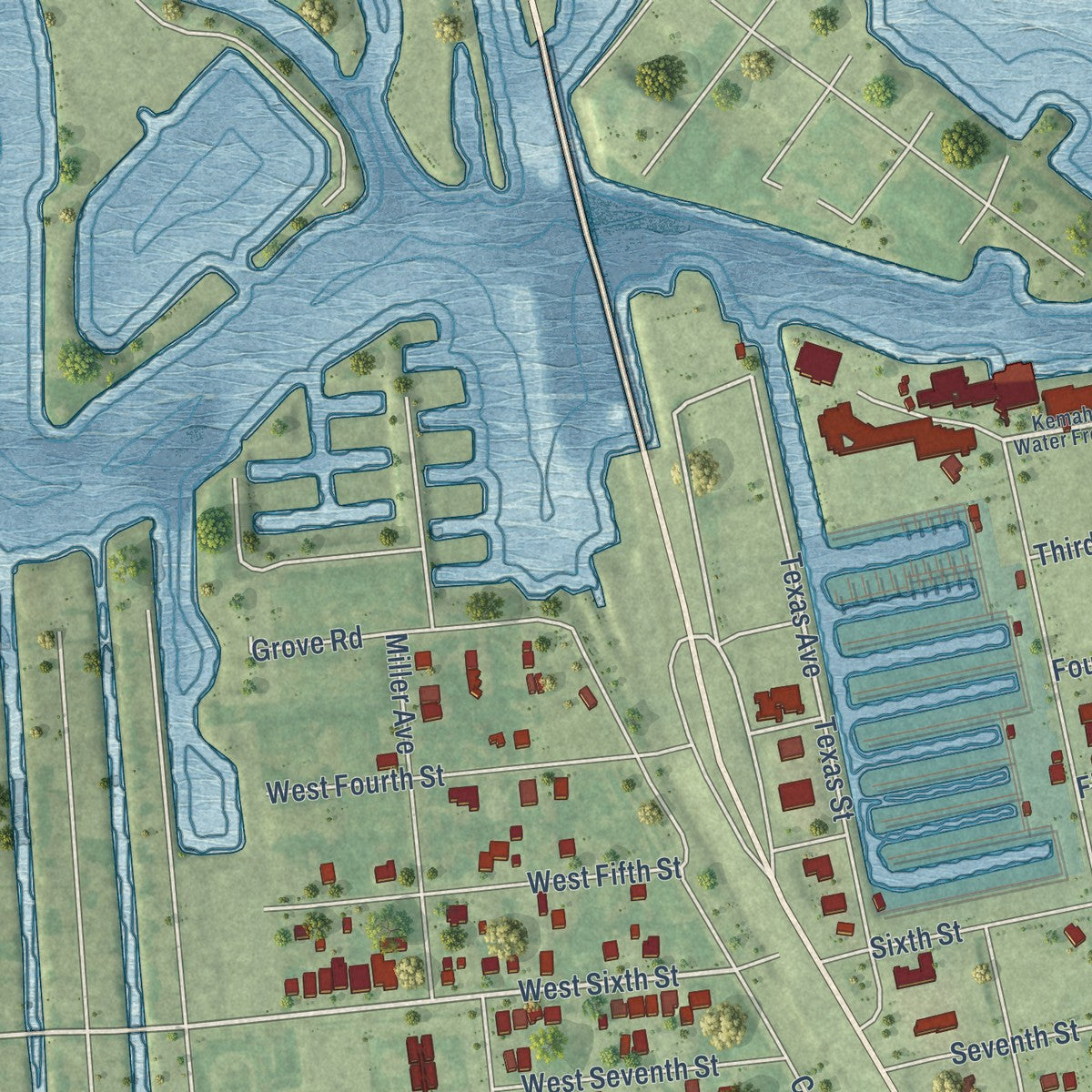 Close-up of the map of Kemah, Texas print showing street and building detail