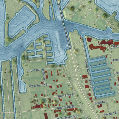 Close-up of the map of Kemah, Texas print showing street and building detail