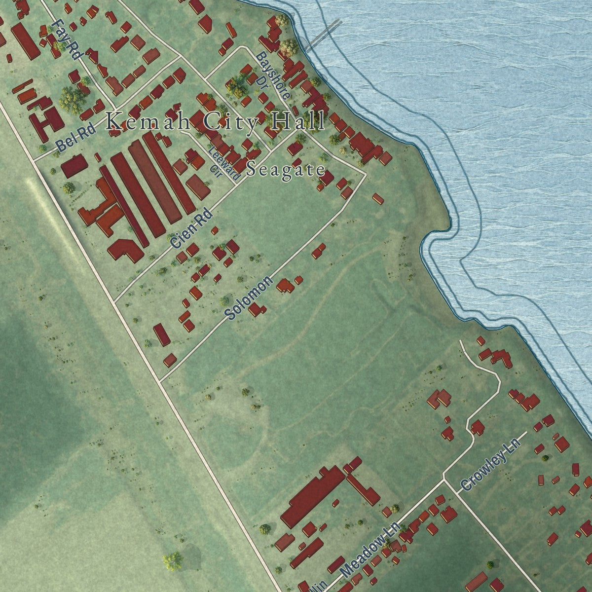 Second close-up of the map of Kemah, Texas print showing more streets and buildings