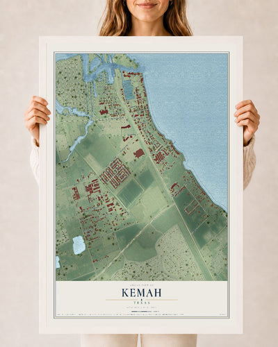 Map of Kemah, Texas, 24 x 36 inch print in a white wood frame