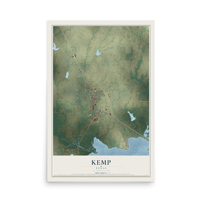 Map of Kemp, Texas, 12 x 18 inch unframed archival matte print