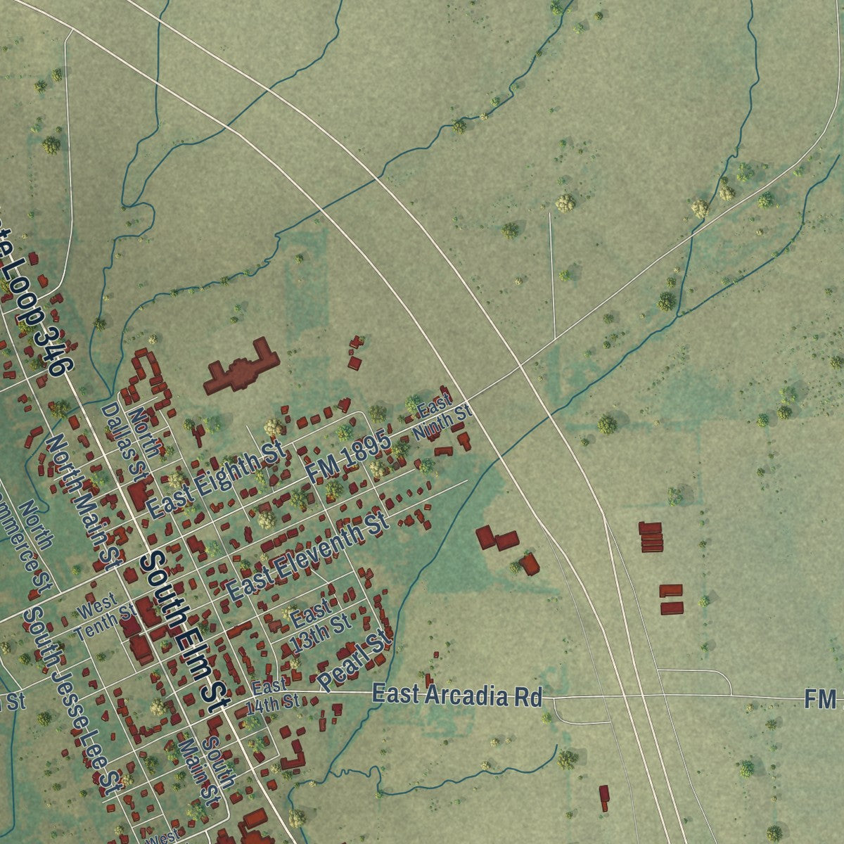 Second close-up of the map of Kemp, Texas print showing more streets and buildings
