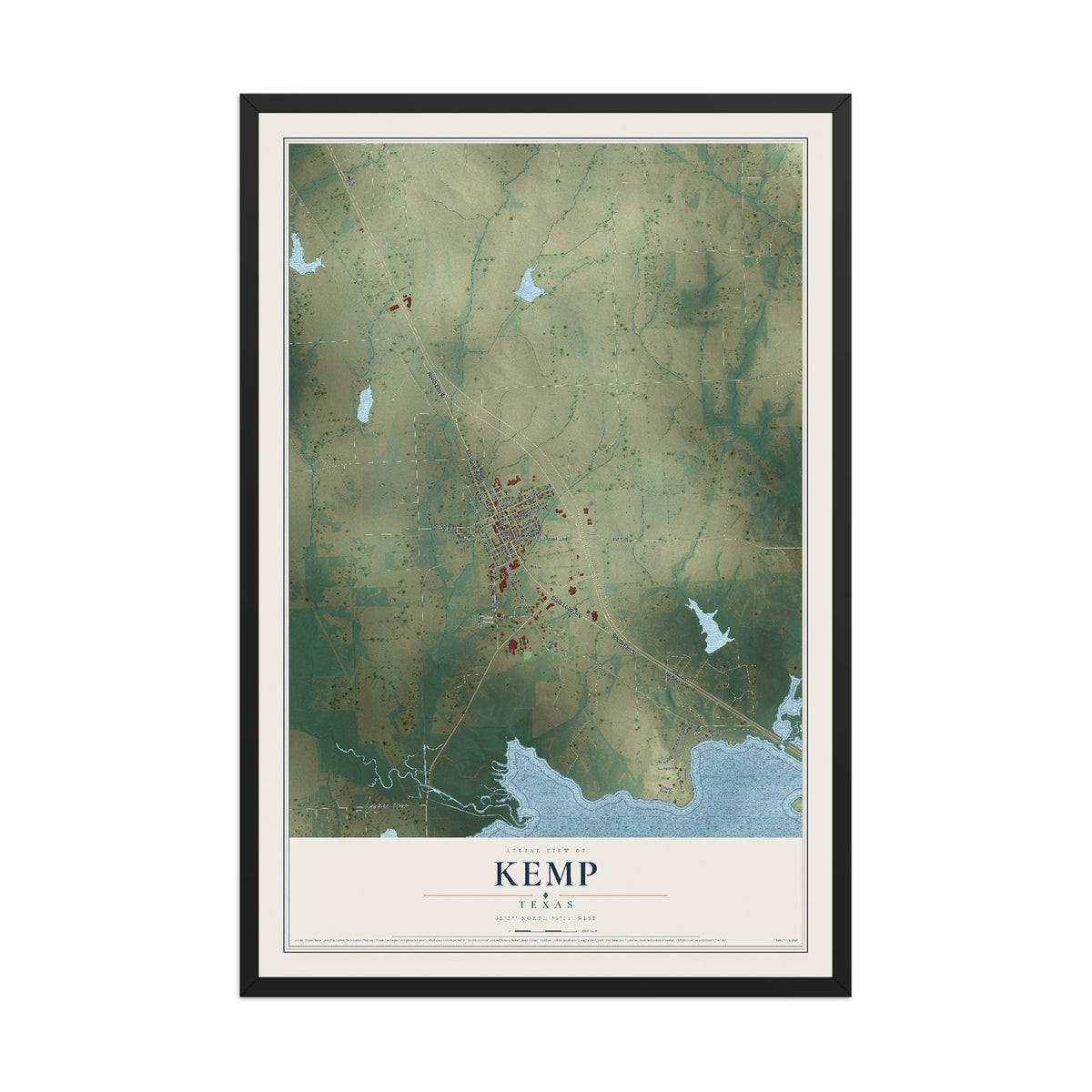 Map of Kemp, Texas, 12 x 18 inch print in a black wood frame