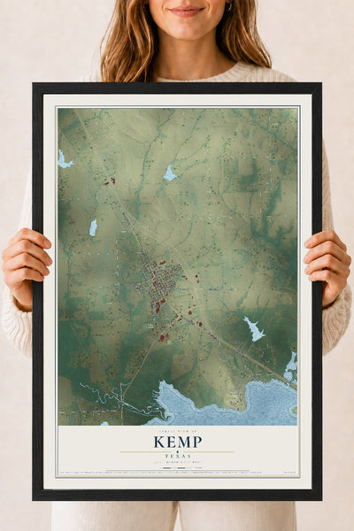 Map of Kemp, Texas, 18 x 24 inch print in a black wood frame