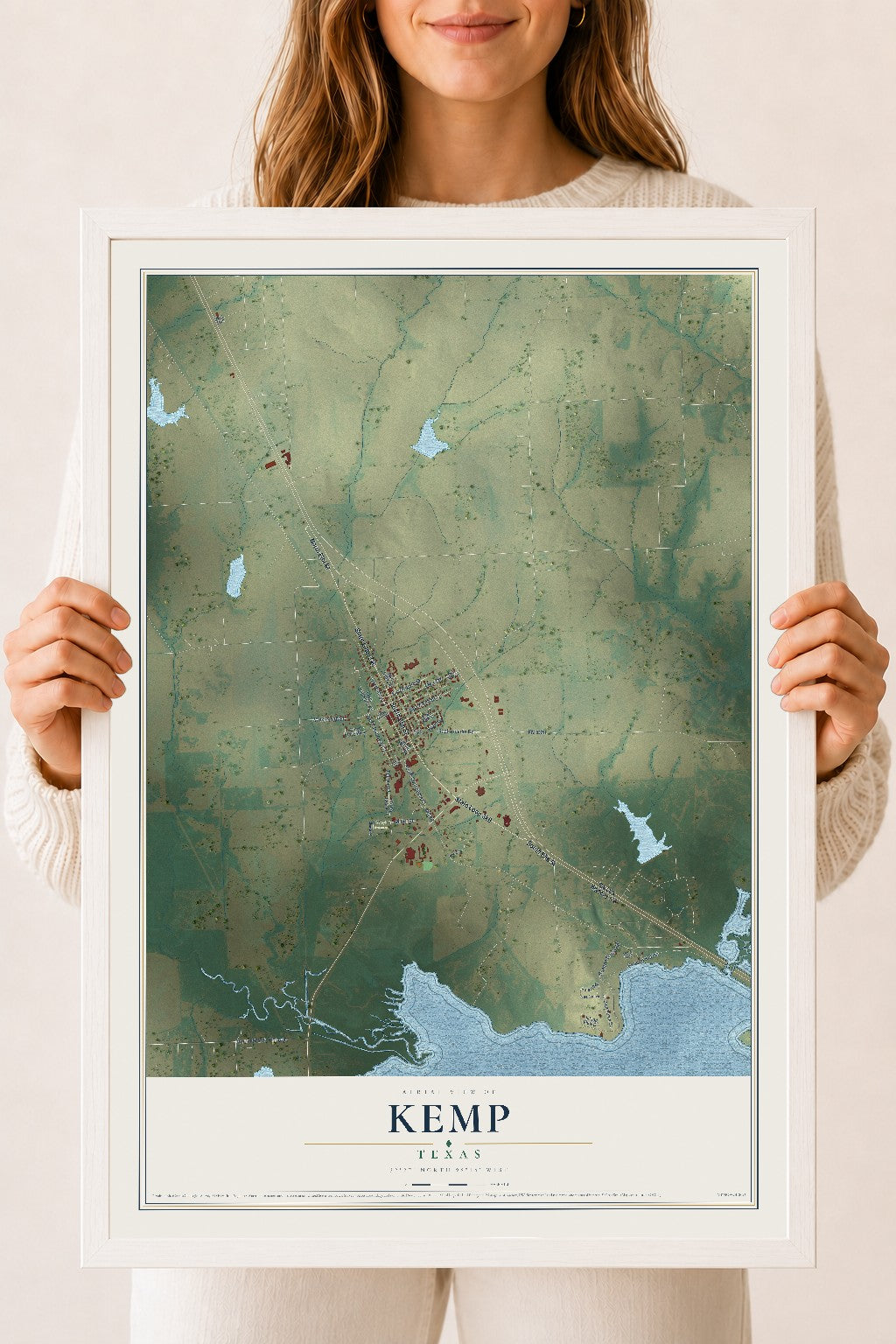 Map of Kemp, Texas, 18 x 24 inch print in a white wood frame