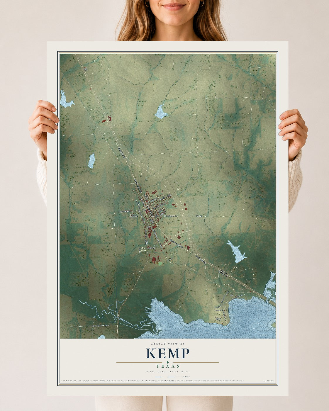 Map of Kemp, Texas, 24 x 36 inch unframed archival matte print