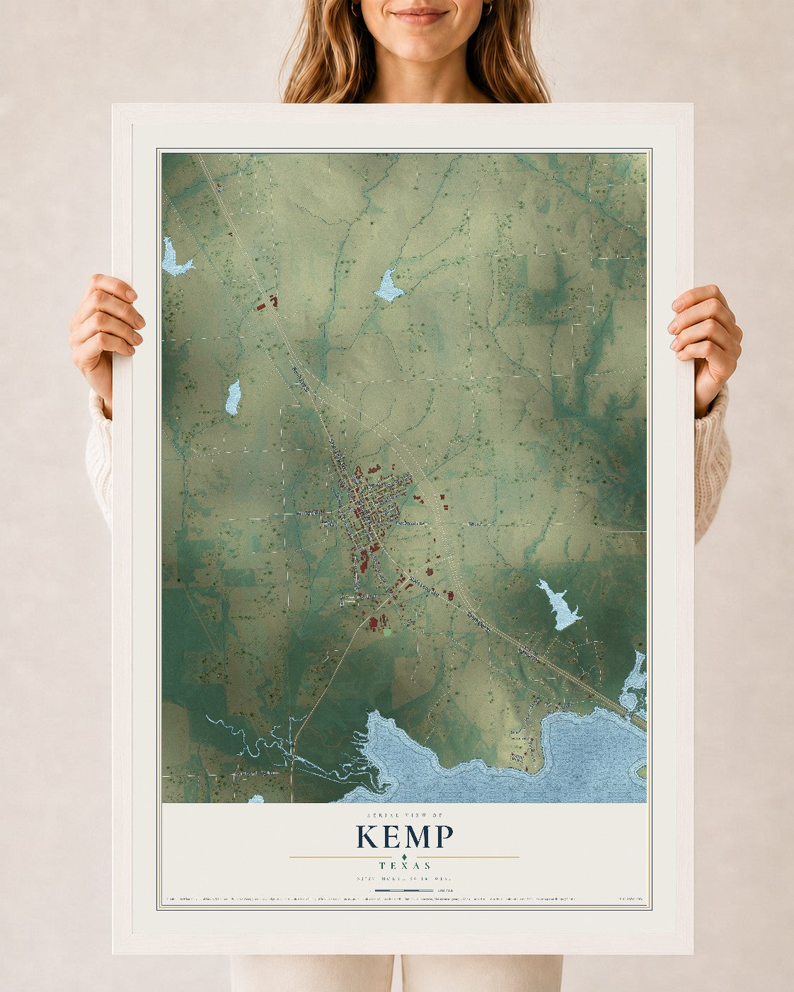 Map of Kemp, Texas, 24 x 36 inch print in a white wood frame